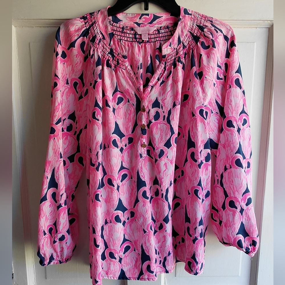 Lilly Pulitzer Pink & Navy Flamingo-Print Peasant Top